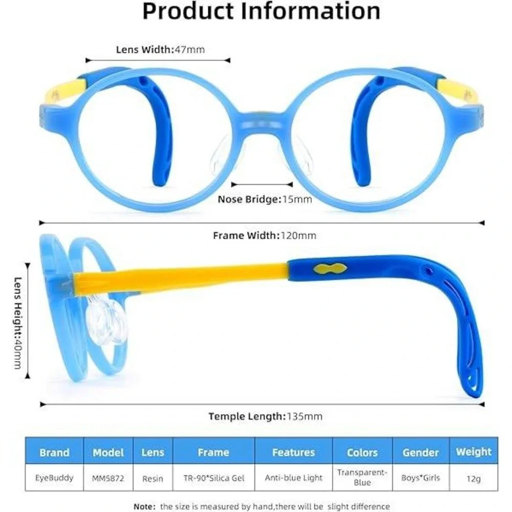 EyeBuddy Kids Blue Light Blocking Glasses Round TR90 Gel Frame Blue 3-13‎